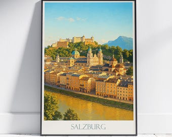 Salzburg Travel Poster, Austria Cityscape Wall Art | Hohensalzburg Fortress Print | European Home Decor & Gift