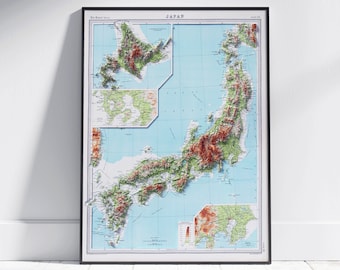 May include: A framed topographic map of Japan featuring a light blue ocean background, green landmasses, and raised red-toned mountain ranges. The map includes the text Japan at the top, with detailed insets of Hokkaido and other regions.