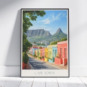 Poster de voyage au Cap : maisons de Bo-Kaap et montagne de la Table