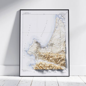 Monterey, Californië ~ platte 2D-kaart gearceerde reliëfprint ~ poster kunst aan de muur decor topografie vintage
