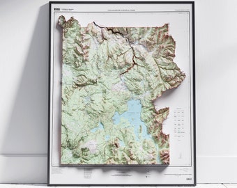 Yellowstone National Park Map ~ Flat 2D Vintage Relief Print ~ Poster Wall Art Decor Topography