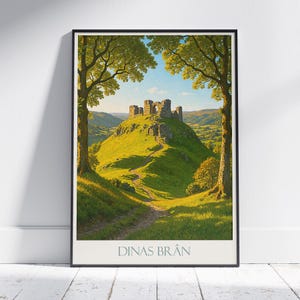 Póster de viaje del castillo de Dinas Bran, impresión artística de las ruinas de Gales ~ Decoración paisajística histórica / Regalo de vacaciones en Gales