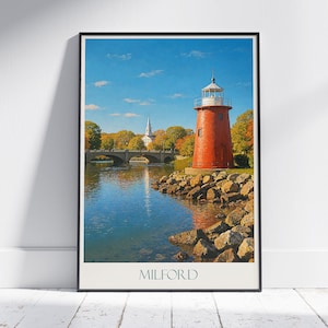 Poster di viaggio di Milford, Ohio, faro rosso e paesaggio autunnale ~ Stampa artistica del fiume Little Miami / Decorazione della città dell'Ohio