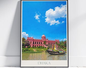 Póster de viaje de Daca, Bangladesh: Impresión artística pintada del Palacio Rosa de Ahsan Manzil