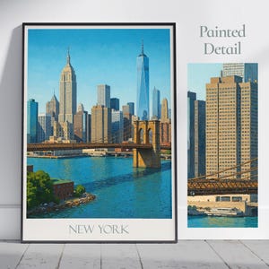 Póster de viaje de la ciudad de Nueva York / Arte mural del puente de Brooklyn y el horizonte de Manhattan / Impresión de decoración del hogar de Nueva York para regalo / Marco personalizado