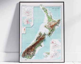May include: A vintage-style relief map of New Zealand, showing the North and South Islands with detailed topography. The map is framed in black and has a blue background with brown and green accents.