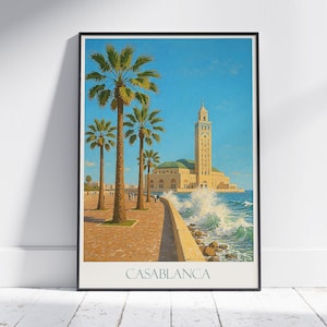 Póster de viaje de Casablanca / Impresión artística de la Mezquita de Hassan II en Marruecos / Decoración de pared costera / Regalo de viaje al norte de África