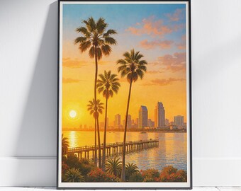 San Diego Sunset Print: California Skyline, Pier, Palm Trees