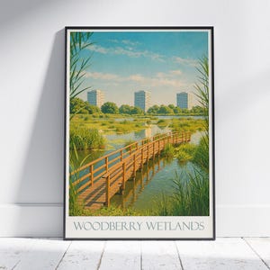 Woodberry Wetlands Travel Poster, London Nature Art Print | Serene Landscape Wall Art | Retro Digital Painting