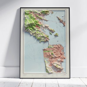 Carte vintage de San Francisco, impression 2D à plat en relief ombré ~ Californie affiche murale Art déco topographique