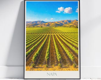 Póster de viaje del Valle de Napa, California: Impresión artística pintada de viñedos en la región vinícola