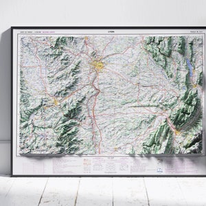 Carte en relief ombragé vintage de Lyon, impression 2D à plat ~ affiche murale Art déco topographie