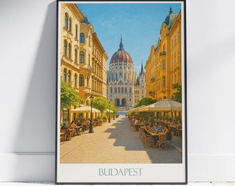 Budapest Travel Poster: Hungarian Parliament & Cafe Art Print