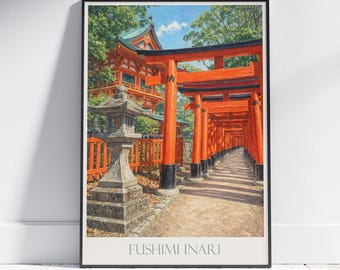 Póster de viaje de Fushimi Inari: Puertas Torii de Kioto, Japón. Arte mural.