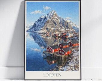 Lofoten Norway Travel Poster: Rorbuer Fishing Village Art Print