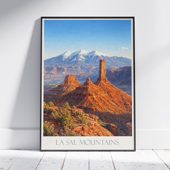 La Sal Mountains Utah Travel Poster: Moab Desert Sunset Painted