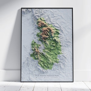 Peak District National Park Map ~ Topographic 2D Shaded Relief Print ~ Poster Modern Wall Art Decor