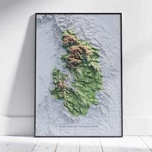 Carte du parc national de Peak District ~ impression topographique plate 2D en relief ombragé ~ affiche déco murale moderne