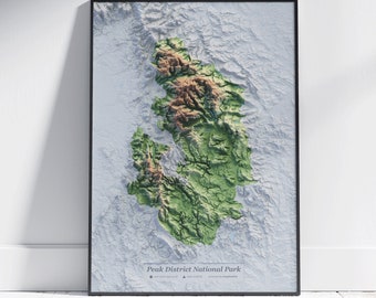 Peak District National Park Map ~ Flat 2D Topographic Shaded Relief Print ~ Poster Modern Wall Art Decor