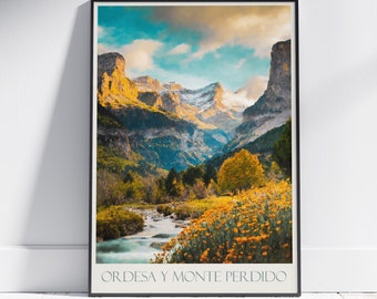 Affiche de voyage Ordesa y Monte Perdido ~ Affiche de voyage en Espagne | Art mural peint et décoration d'intérieur | Impression personnalisée encadrée | Cadeau de voyage de vacances