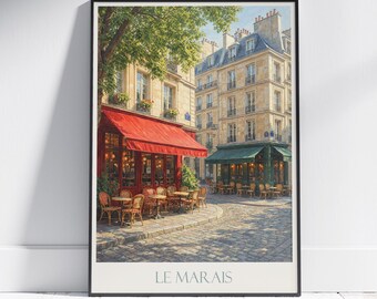 ル マレ パリ プリント: カフェ シーン、フランス旅行ポスター