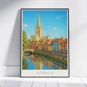 Poster turistico di Norwich, stampa artistica del paesaggio urbano della cattedrale / arredamento per la casa in Inghilterra / stampa murale sul fiume Wensum