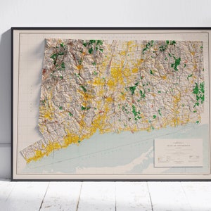 Connecticut gearceerde reliëfkaart platte 2D-print ~ poster muurkunst decor topografie