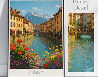 Annecy France Travel Poster: Floral Canal, Alps Mountain Art