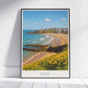 Poster di viaggio di Bude, Cornovaglia / Stampa artistica della spiaggia del faro / Decorazione murale costiera del Regno Unito / Regalo per le vacanze al mare in stile retrò vintage