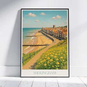 Póster de viaje de Sheringham / Impresión vintage de la costa de Norfolk / Arte mural de playa / Decoración de pueblo costero del Reino Unido / Paisaje de flores doradas