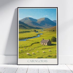 Cairngorms Travel Poster, Scottish Highlands Landscape Print | Scotland Painted Wall Art | UK Nature Home Decor Gift