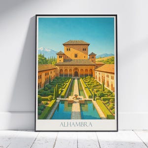 Stampa di viaggio Alhambra, Granada ~ Poster di viaggio in Spagna / Arte murale dipinta e arredamento per la casa / Stampa personalizzata con cornice / Regalo di viaggio per le vacanze