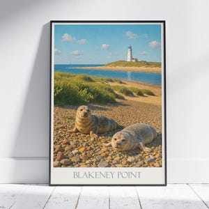 Poster con foche di Blakeney Point / Stampa artistica del faro della costa di Norfolk ~ Decorazione per la casa con fauna selvatica e natura in Inghilterra / Regalo per viaggi costieri