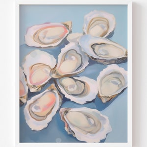 Pastel Blue Oyster Shell Painting, Abstract Coastal Beach House Kitchen Art Print, Colorful Summer Dining Room Printable Oyster Painting