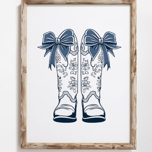 Coquette Bow Cowgirl Boots Print, Coastal Cowgirl Wall Art, Girly Western Print, College Apartment Aesthetic, Western Cowgirl Wall Art Print