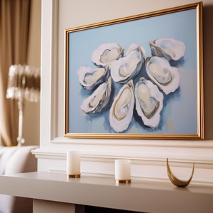Dipinto di ostriche, stampa di ostriche, arte di ostriche, ostriche costiere, dipinto di conchiglie di ostriche blu pastello, dipinto di arte astratta di cucina costiera