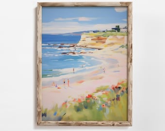 Retro Beach Painting Wall Art,  Pastel Pink Coastal Decor Beach Art,  Girly Apartment Bedroom Decor Retro, Vintage Retro Beach Art La Jolla