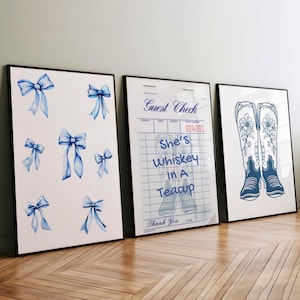 Coquette Bow Cowgirl Boots Print, Coastal Cowgirl Print, Girly Western Print, College Apartment Aesthetic, Western Cowgirl Wall Art Set Of 3