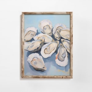 Oyster Painting, Oyster Print, Oyster Art, Coastal Oysters, Pastel Blue Oyster Shell Painting, Abstract Coastal Kitchen Art Painting