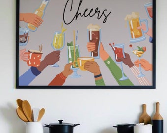 Bar Cart Prints Decor, Cheers Print, Bar Cart Decor, Bar Cart Art, Trendy Wall Art, Drinks Print, Cooking Poster, Kitchen  Bar Cart Wall Art
