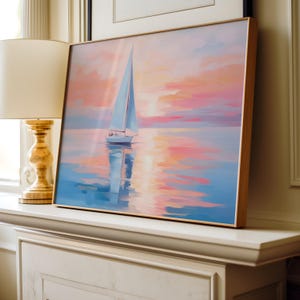 Pink Sailboat Painting, Art Sailboat Art, Sunset Art Print, Coastal Wall Decor | Beach House Printable, Summer Ocean Landscape, Seashore Art