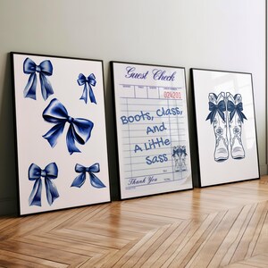 Coquette Bow Cowgirl Boots Print, Coastal Cowgirl Print, Girly Western Print, College Apartment Aesthetic, Western Cowgirl Wall Art Set Of 3