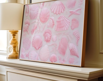 Seashell Print, Pink Seashells Pastel Print Vintage Art, Coastal Cowgirl Printable Poster Print, Coastal Beach Art, Pastel Pink Shell Art