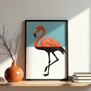Pastel blue flamingo wall art, beach house printable decor