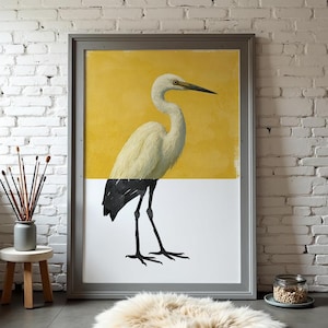 Minimalist Egret Print, Heron Wall Art, Yellow Background Poster, Digital Download