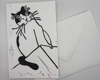 Perched Cat Hand-Printed Linocut Greeting Cards