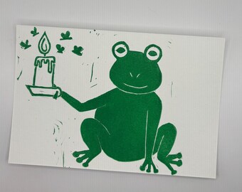Midnight Snack Frog Hand-Printed Linocut Postcards