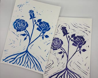 Hand-Printed Linocut Rose Postcards