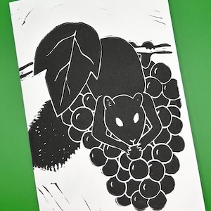 May include: Black and white linocut print of a squirrel eating grapes. The squirrel is in the center, surrounded by a cluster of grapes and a large leaf. The print is on white paper with a green background.