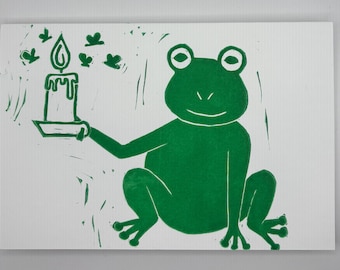 Midnight Snack Frog Hand-Printed Linocut Greeting Cards
